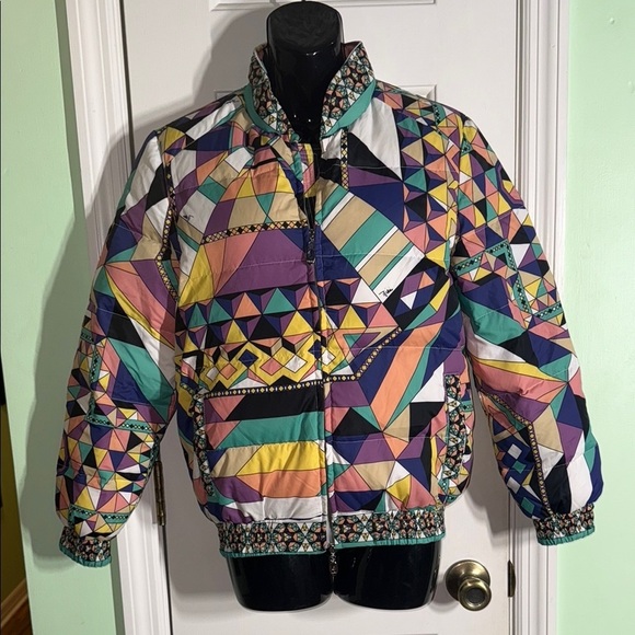 Emilio Pucci Firenze Colorful Abstract Nylon Bomber Jacket Winter Size I 36 US S - Picture 1 of 14